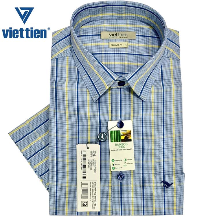 Viettien - Áo sơ mi nam ngắn tay xẻ tà vạt ngang Bamboo spun regular và regular fit Ca rô 6S0606-6