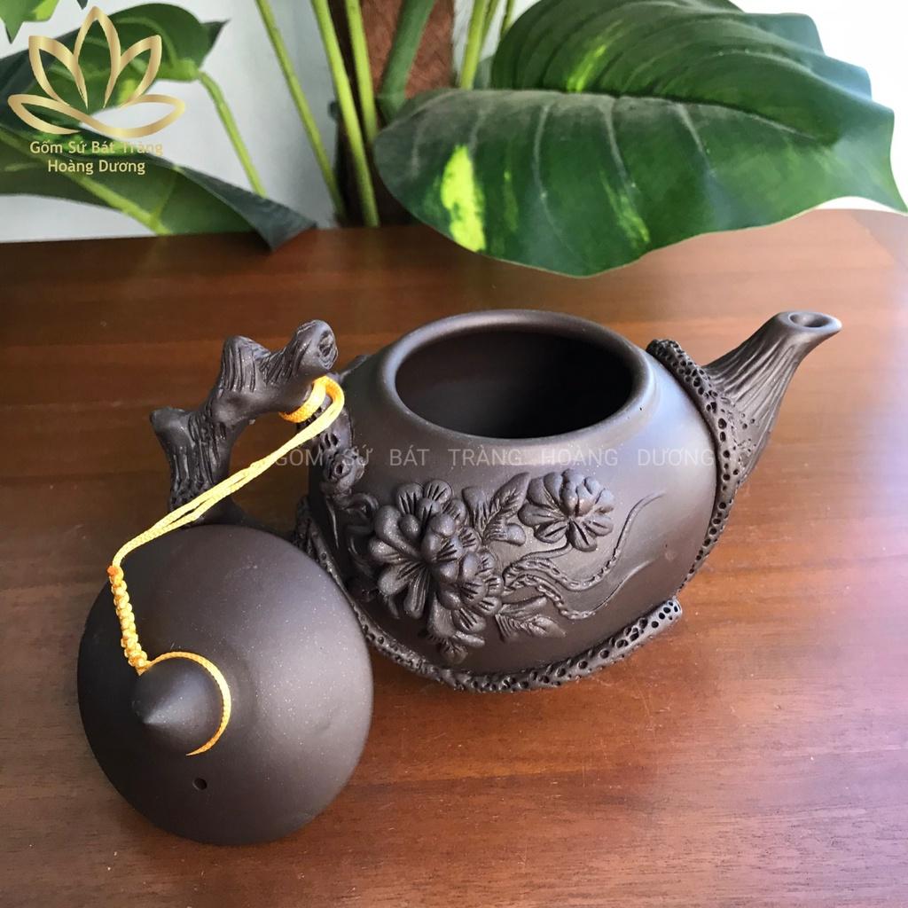Bộ ấm chén Tử sa Bát Tràng đắp nổi Hoa phù dung đen kèm phụ kiện