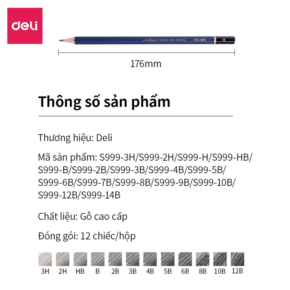 Bút Chì Phác Thảo Cao Cấp Deli Nuevo S999 | Độ Cứng Từ B - 14B, H, 2H, 3H, HB - 12 Chiếc