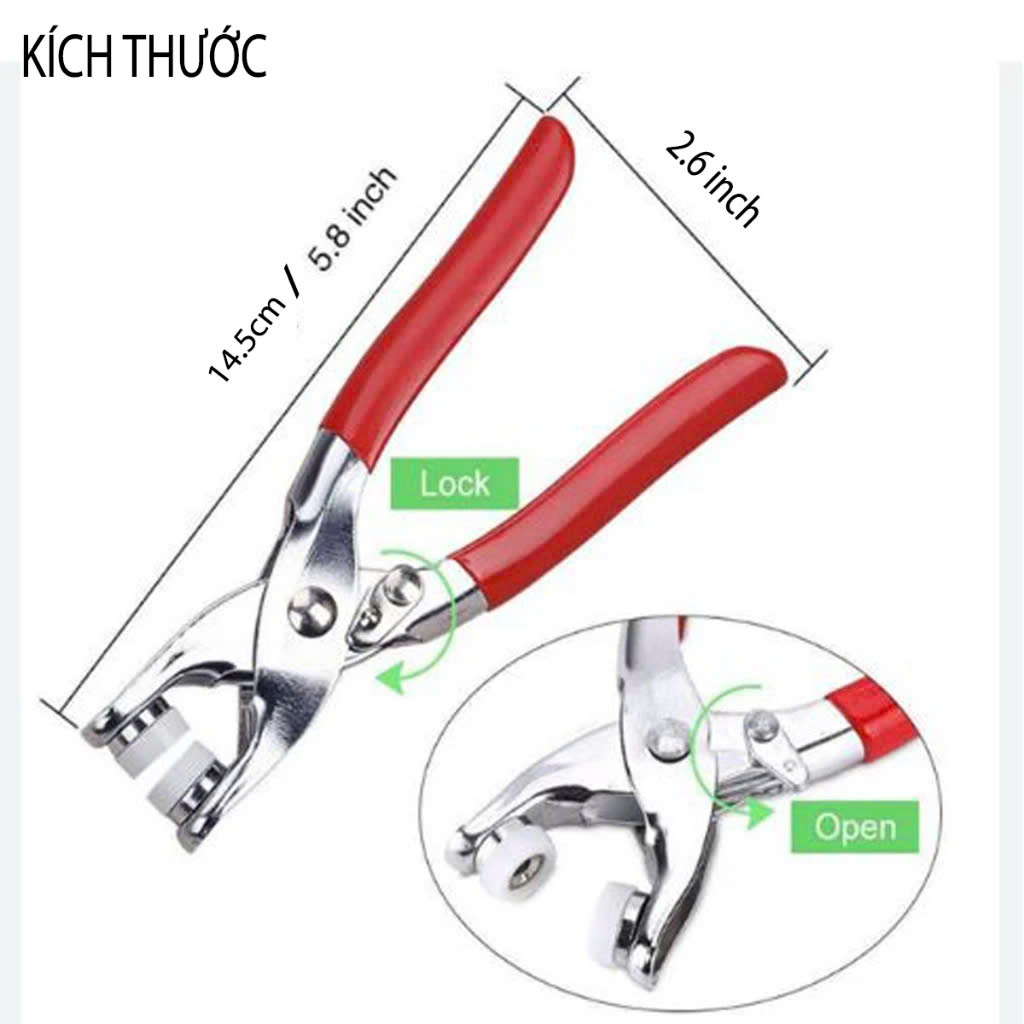 Cây Kìm Bấm Cúc Vành Áo Kim Loại Đa Năng Bộ Kìm Bấm Khuy Kèm 100 Cúc Bấm 9.5mm Thép Không Gỉ, Khoen Quần Áo Tiện Lợi