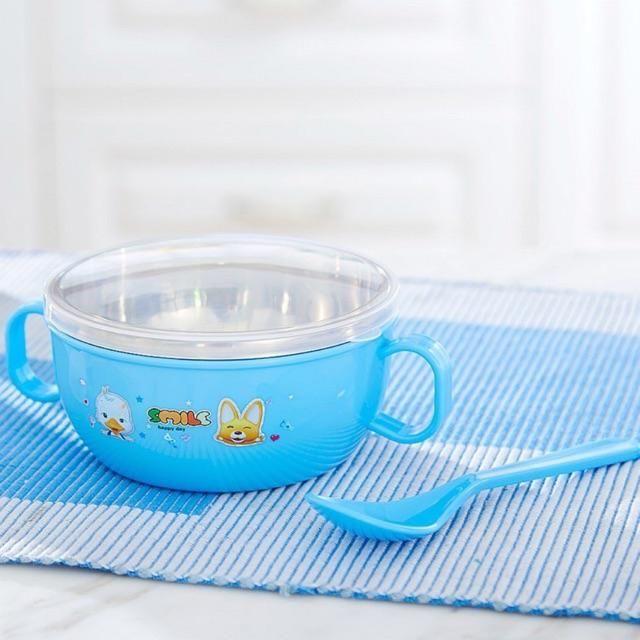 Sỉ =Lẻ - Bát Ăn Dặm Inox Cách Nhiệt Có Tay Cầm Kèm Muỗng Và Nắp Cho Bé