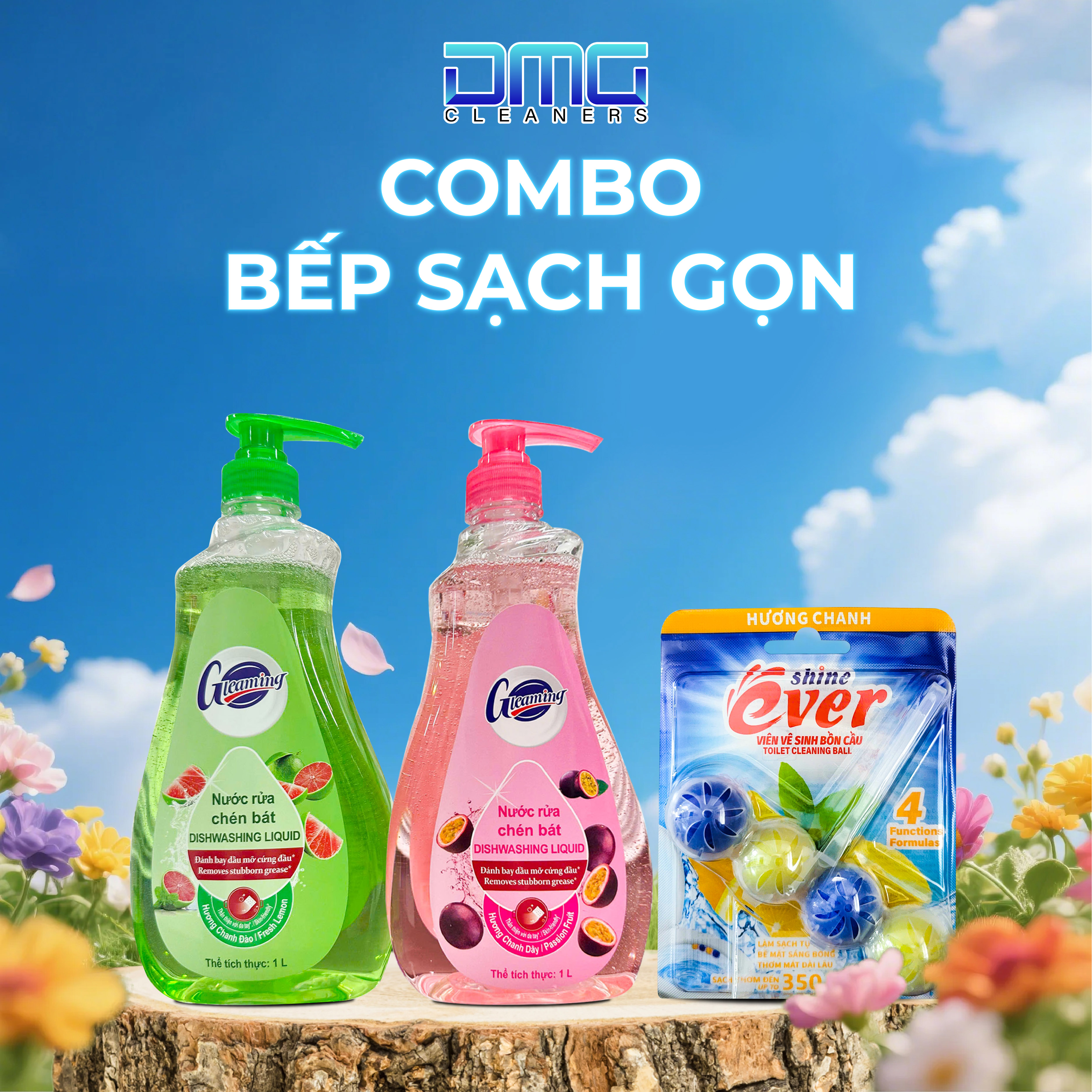 Combo Bếp Sạch Gọn (Mix 2 Chai Rửa Chén): Chai Nước Rửa Chén Chanh Đào & Chanh Dây + 1 Viên Treo Vệ Sinh WC Hương Chanh