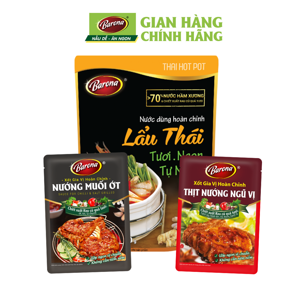 Combo 1 gói Lẩu Thái Barona 180g, 1 gói Gia Vị Nướng Muối Ớt Barona 80g, 1 gói Gia Vị Nướng Ngũ Vị Barona 80g