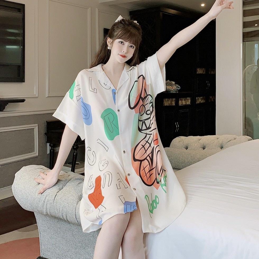 Đầm ngủ váy sơ mi form rộng, chất lụa mango mềm-mịn-mát - Freesize dưới 67kg