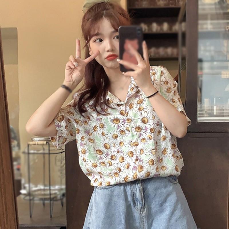Áo Sơ Mi Tay Ngắn Cổ Bẻ Hoạ Tiết In Phong Cách Retro