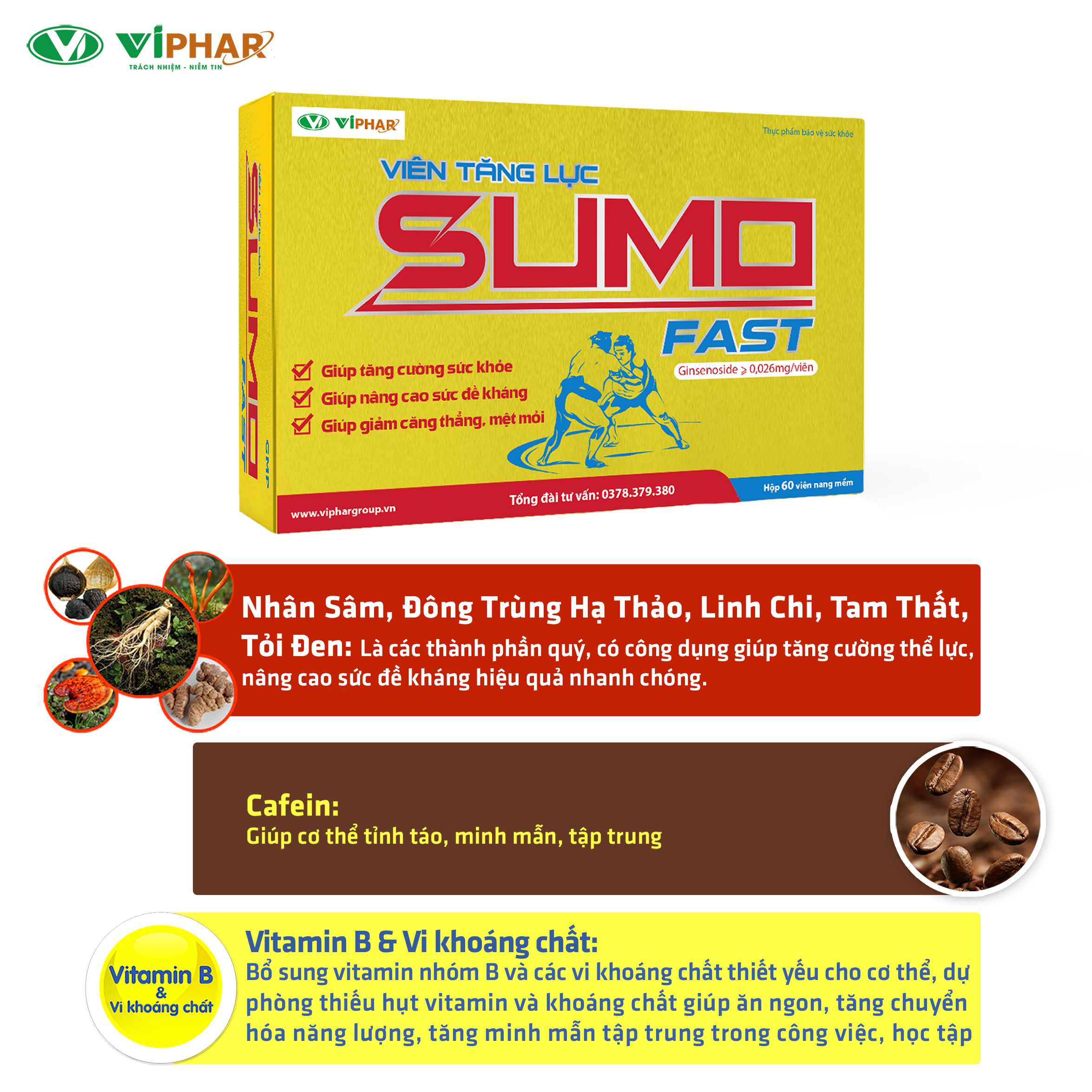Viên Uống Tăng Cường Thể Lực, Tăng Sức Đề Kháng, Giảm Căng Thẳng Mệt Mỏi Sumo Fast VIPHAR Hộp 60 Viên