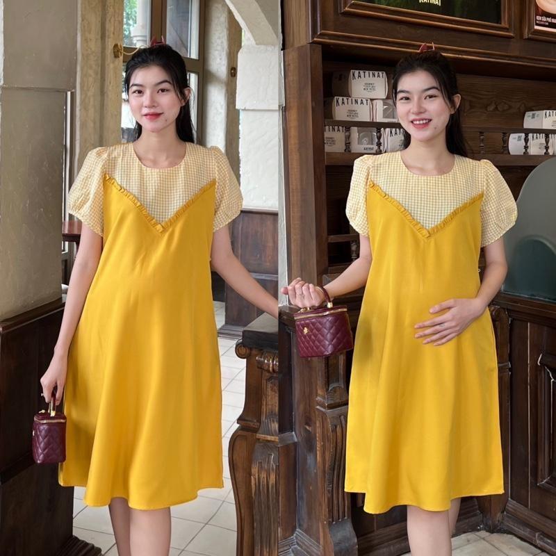 Đầm yếm bầu phối kẻ karo chất cotton lạnh mát mẻ diện đi làm, đi chơi đều xinh - Hồng