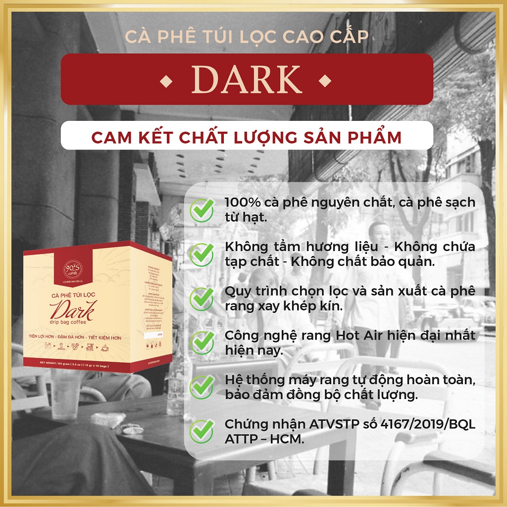 Cà Phê DARK - 90S Coffee | Hộp 10 Gói x 15g Cà Phê Phin Giấy Rang Xay Nguyên Chất Thượng Hạng
