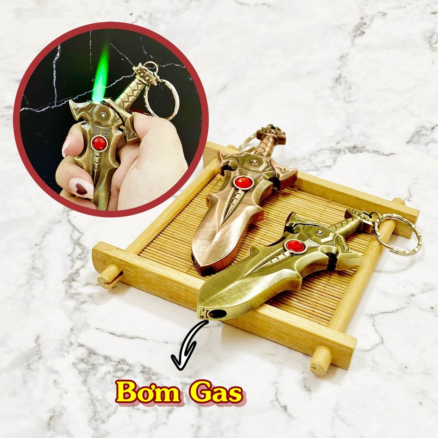 Hột quẹt bật lửa khè móc khóa hình thanh ngọc đỏ kim loại
