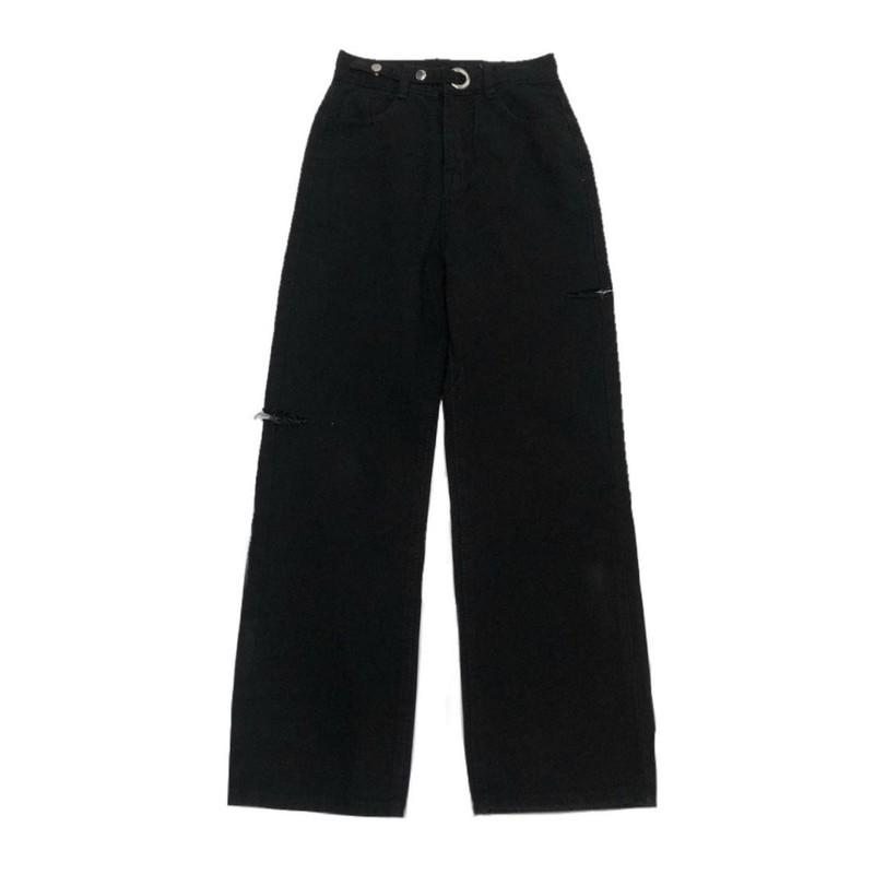 Quần Baggy Jeans  DEL Ống Suông Cạp Cao Rách Đùi Nữ