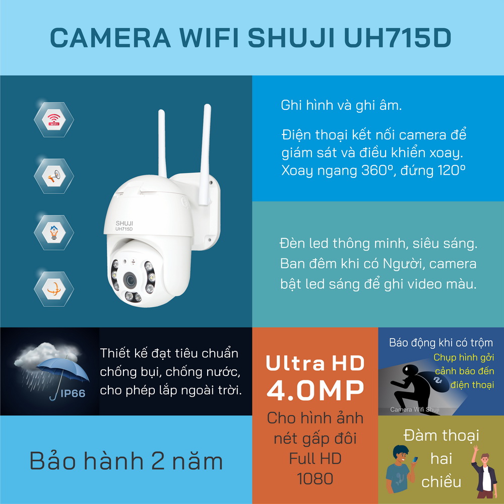 Camera Wifi không dây SHUJI UH715D - Ban đêm có màu - Báo động hụ còi bật đèn khi có trộm đột nhập - 4.0MP cho hình ảnh đẹp gấp đôi Full HD1080 - Hàng chính hãng