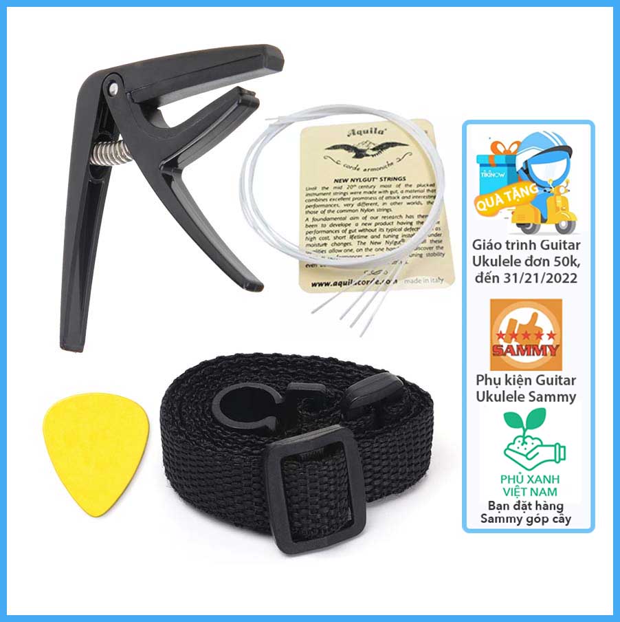 PHỤ KIỆN UKULELE BỘ 4 MÓN CAPO + DÂY NYLON + DÂY ĐEO ĐÀN + PICK GÃY