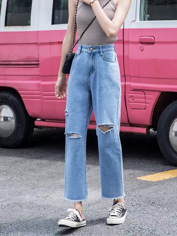 QUẦN BAGGY JEAN NỮ ỐNG LOE RÁCH 3, LƯNG CAO, VẢI MỀM KHÔNG CO DÃN, CÓ 2 MÀU XANH ĐẬM XANH NHẠT