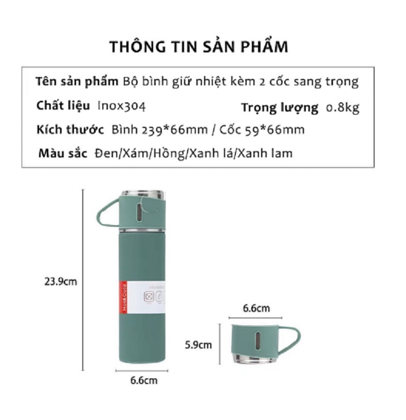 Bình Giữ Nhiệt Cao Cấp 500ML Lõi Inox Cao Cấp Tặng Kèm 2 Cốc, Fullbox Làm Quà Tặng Sang Trọng