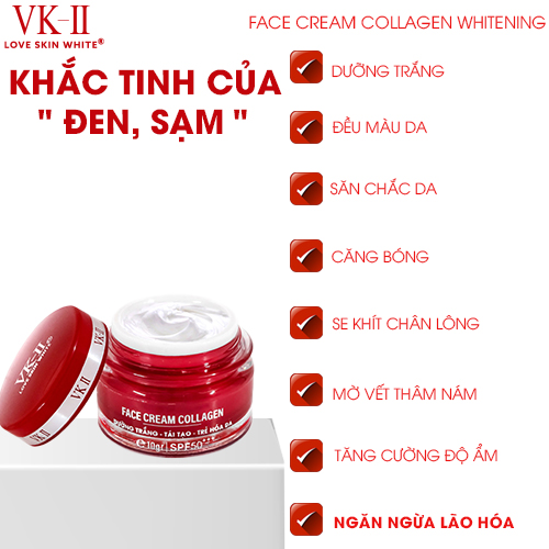 Kem dưỡng trắng, tái tạo và trẻ hóa da VK-II Love Skin White Face Cream Collagen 10g