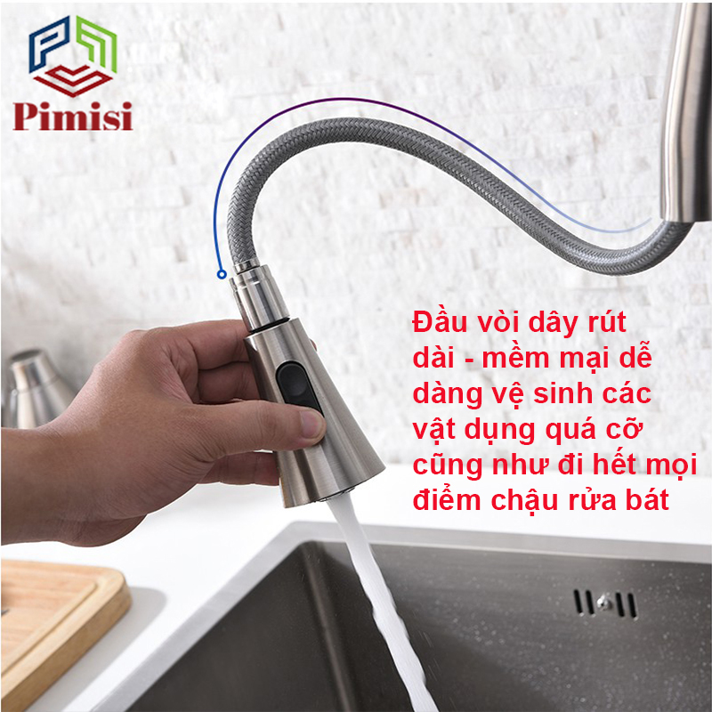 Vòi rửa bát nóng lạnh dây rút inox 304 Pimisi dùng cho chậu rửa chén bát trong nhà bếp gắn chậu với đầu vòi 2 chế độ nước tăng áp và dây rút mềm tiện lợi đa năng | Hàng chính hãng