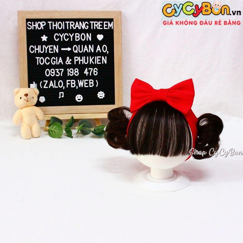 Băng Đô Turban Tóc Giả Cho Bé Gái Thun Cotton Nơ Đỏ Kèm Tóc Mái Và Tóc Giả 2 Bên - Có Đủ Size Kể Cả Sơ Sinh