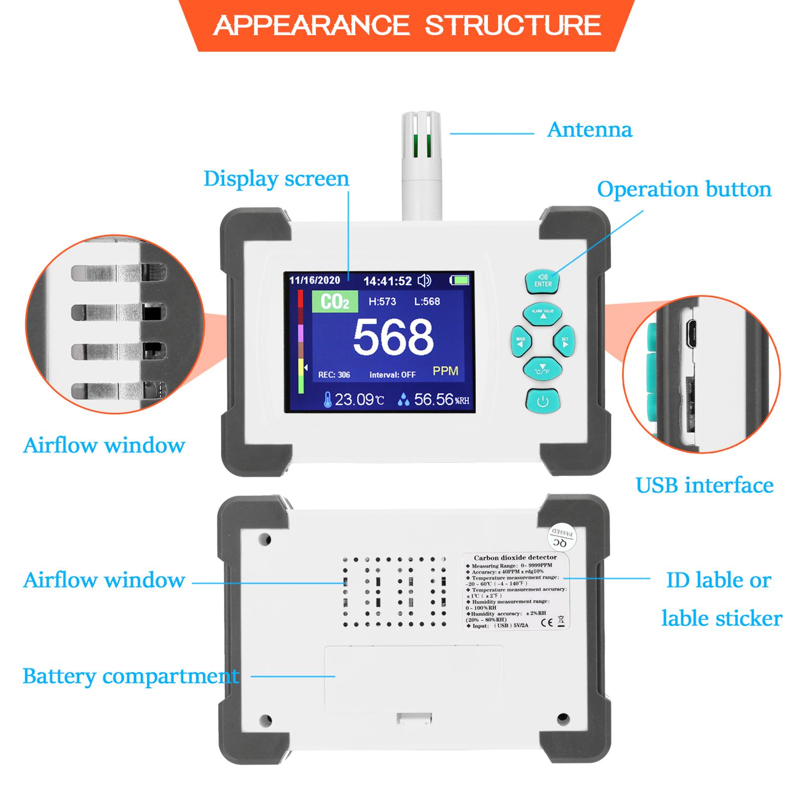 3.2inch TFT Full Color Display Carbon Dioxide Detector Portable CO2 Tester Rechargeable Air Quality Meter with Storage