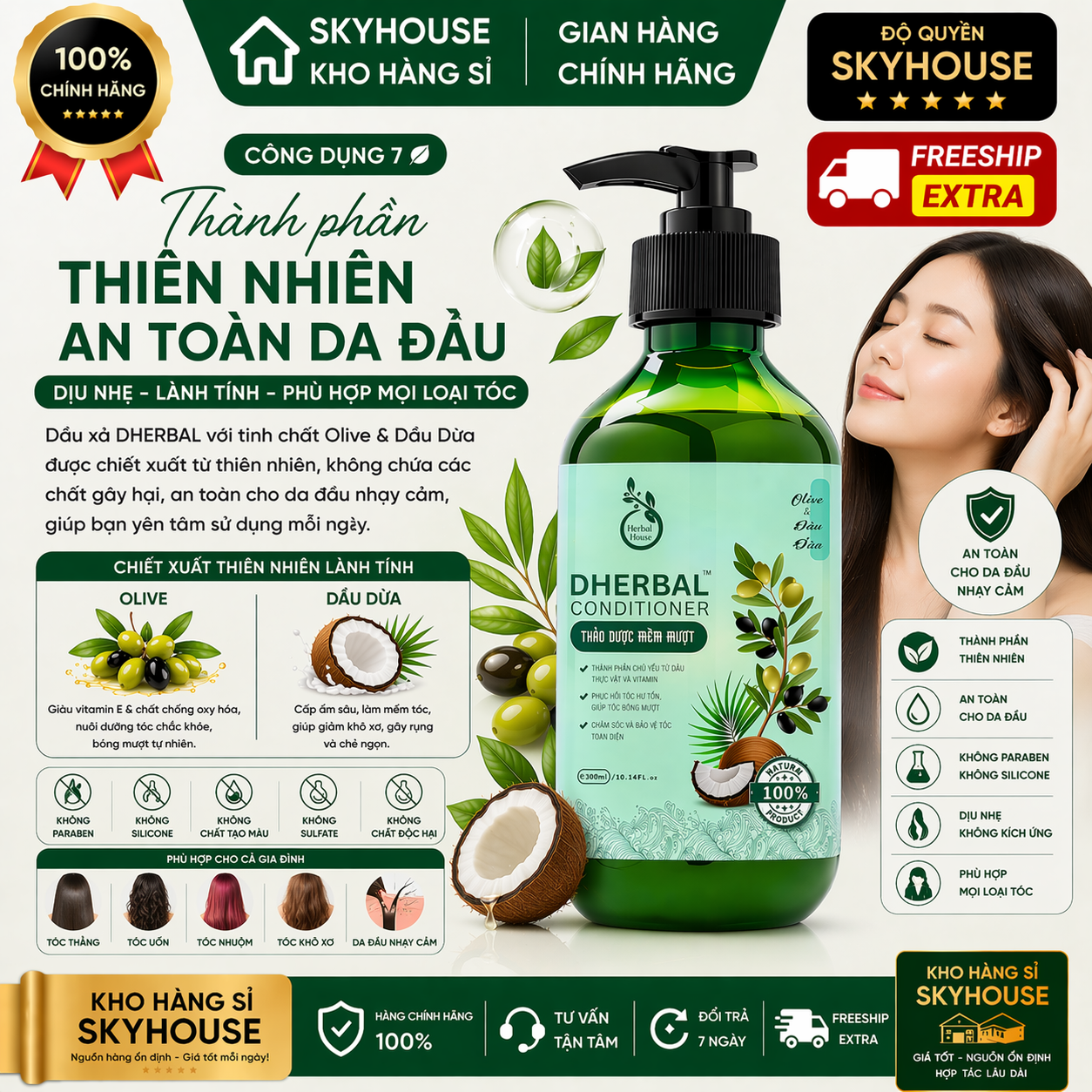 Dầu xả thảo dược thiên nhiên tinh chất olive dầu dừa độc quyền DHERBAL chai 300ml  dầu xả tóc chắc khỏe suôn mượt chính hãng