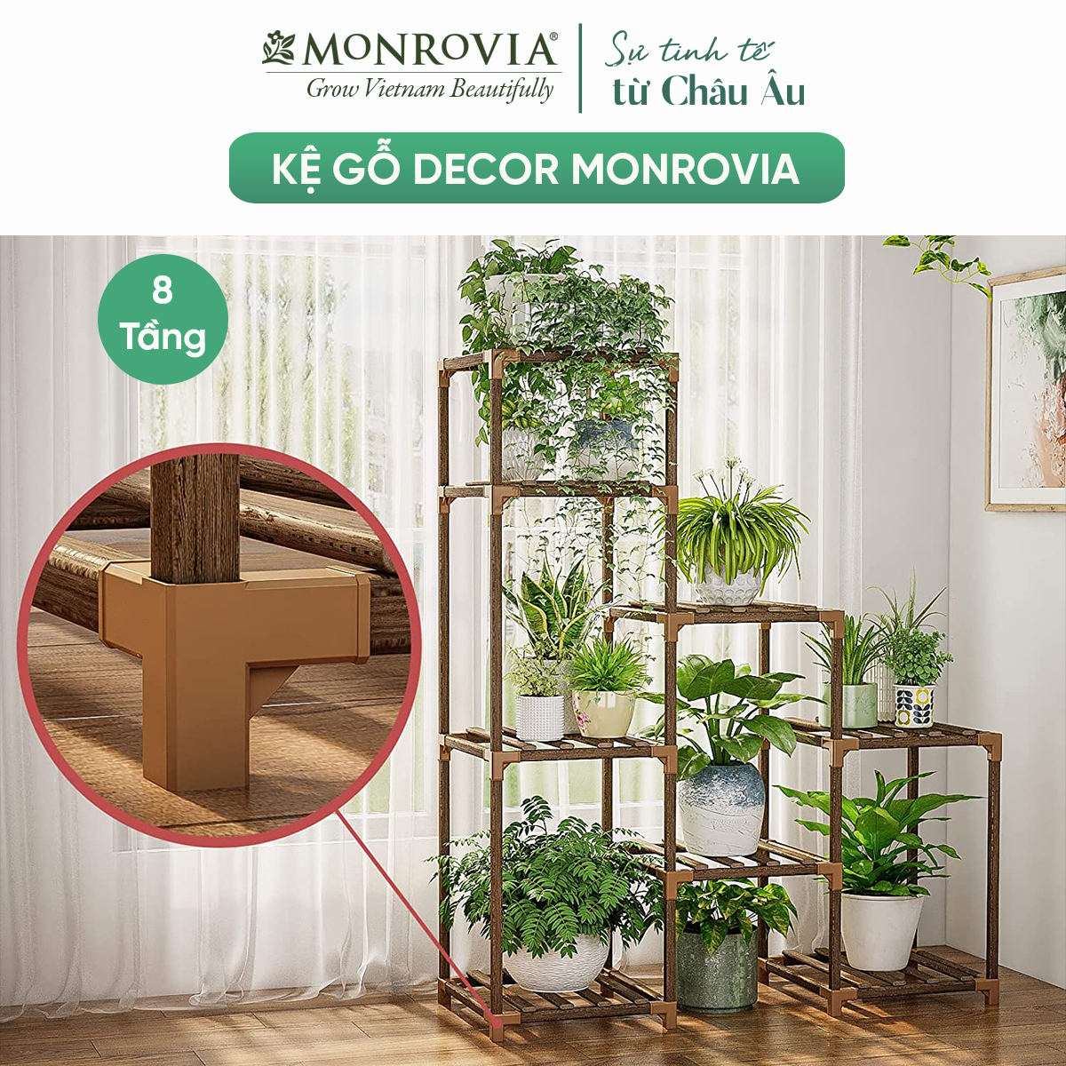 Kệ gỗ decor Monrovia để cây trang trí trong nhà, ban công siêu bền bỉ, tiêu chuẩn Châu Âu