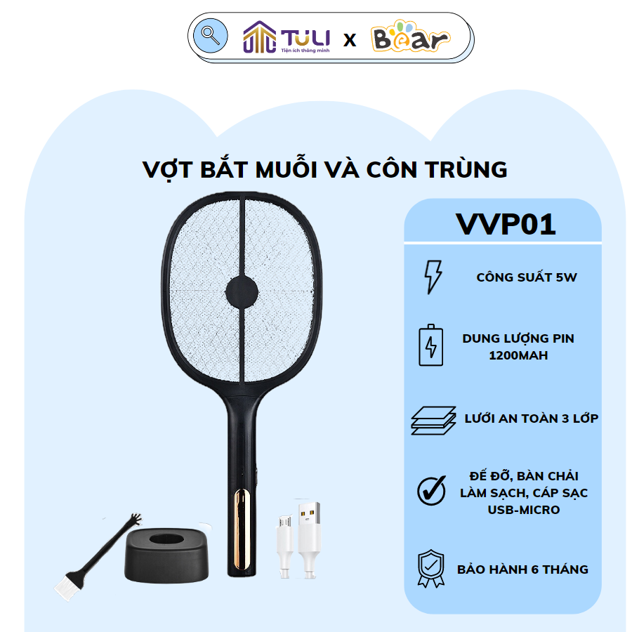 Vợt đèn máy bắt muỗi thông minh Tuli VVP01, đề bàn và cầm tay, 3 lớp lưới an toàn, Bảo hành 6 tháng.