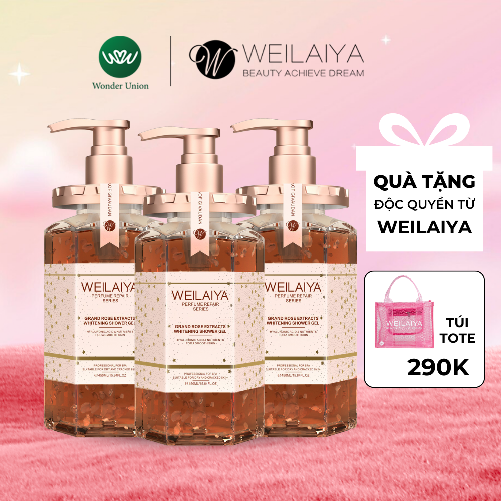 Combo 3 chai Sữa tắm nước hoa, trắng da toàn thân Damask Weilaiya chiết xuất cánh hoa hồng phù hợp cho mọi loại da 450ml