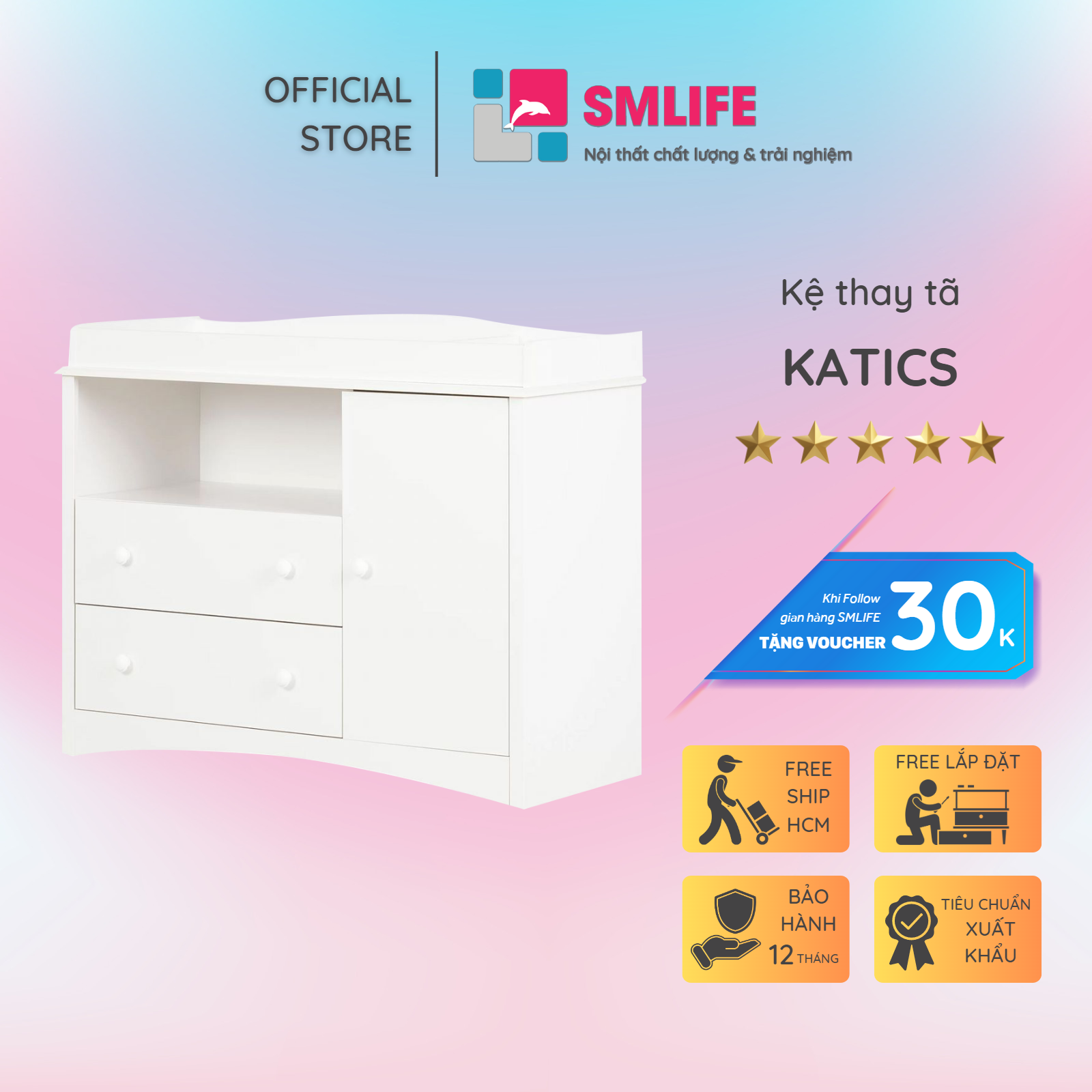 Kệ gỗ thay tã cho bé SMLIFE Katics | Gỗ MDF dày 17mm chống ẩm | D100xR50xC72cm