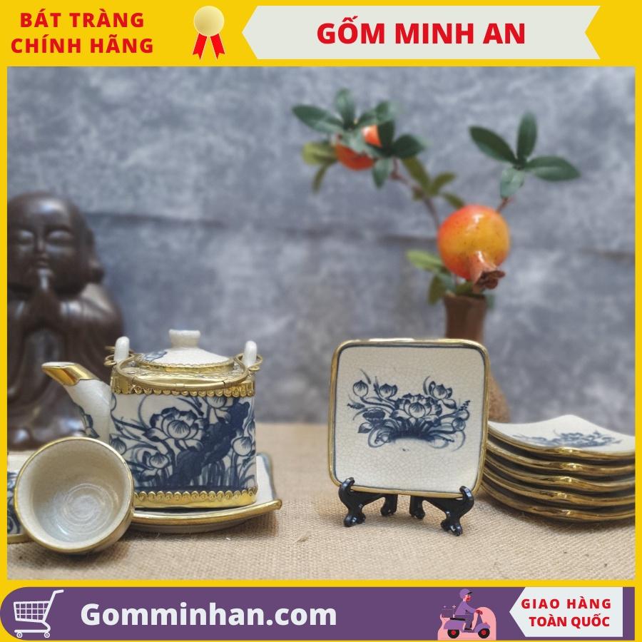 Bộ ấm trà giả cổ Gốm sứ Bát Tràng dáng ấm vuông bọc đồng vẽ hoa sen- Gốm Minh An- Ấm trà đẹp