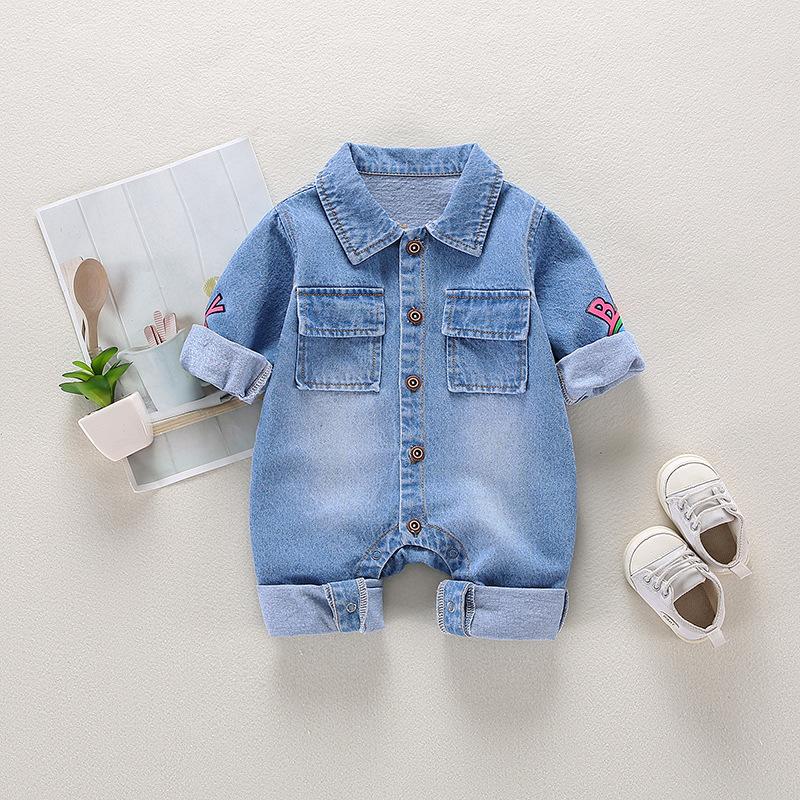 Áo Thu Đông Bé Bộ Quần Áo Bé Gái Denim Áo Liền Quần Bé Trai Jumpsuit Quần Áo Sơ Sinh Bé Gái Bộ Trang Phục Trẻ Sơ Sinh Hoạt Hình Hươu Cao Cổ Tổng Thể