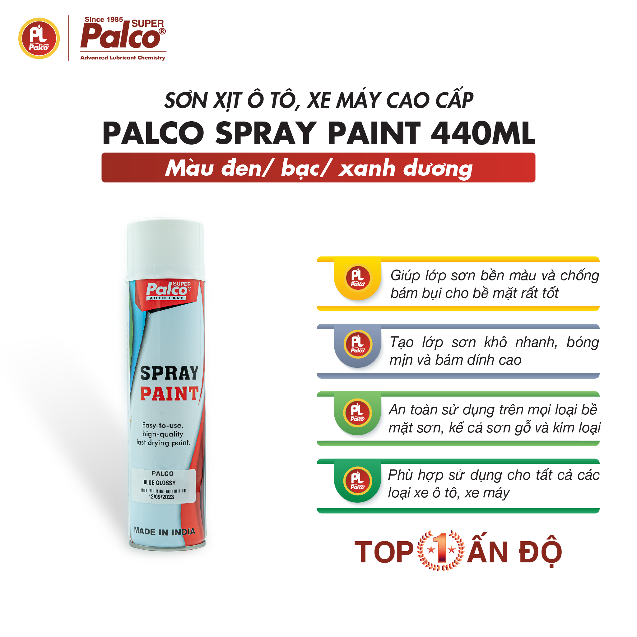 Sơn Xịt Nhập Khẩu Cao Cấp PALCO màu ĐEN, BẠC, XANH DƯƠNG Chai 440ml