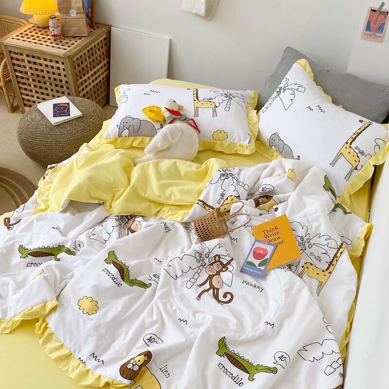 Bộ chăn đũi hè vỏ ga và 2 vỏ gối M2T bedding chăn lót bông thiết kế phối bèo họa tiết quả chanh đào