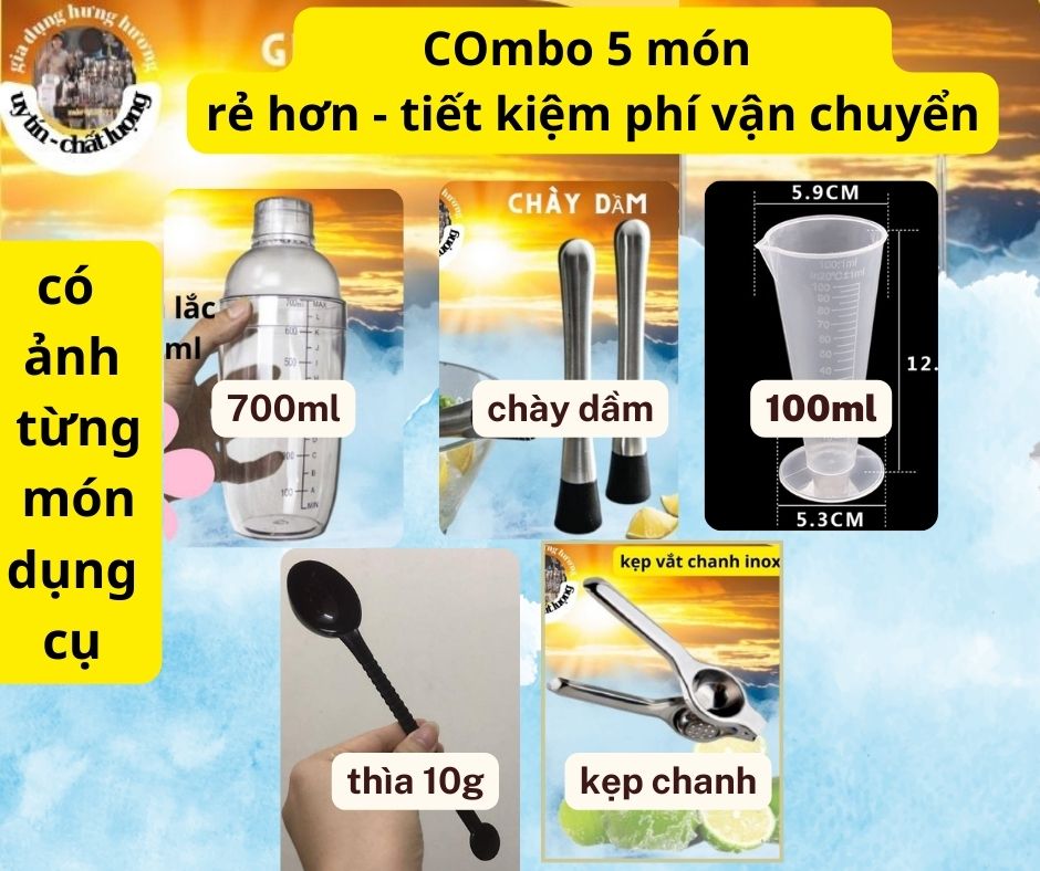 Combo 5 món dụng cụ pha chế giá chuẩn cho quầy bar pha chế trà sữa, bartender