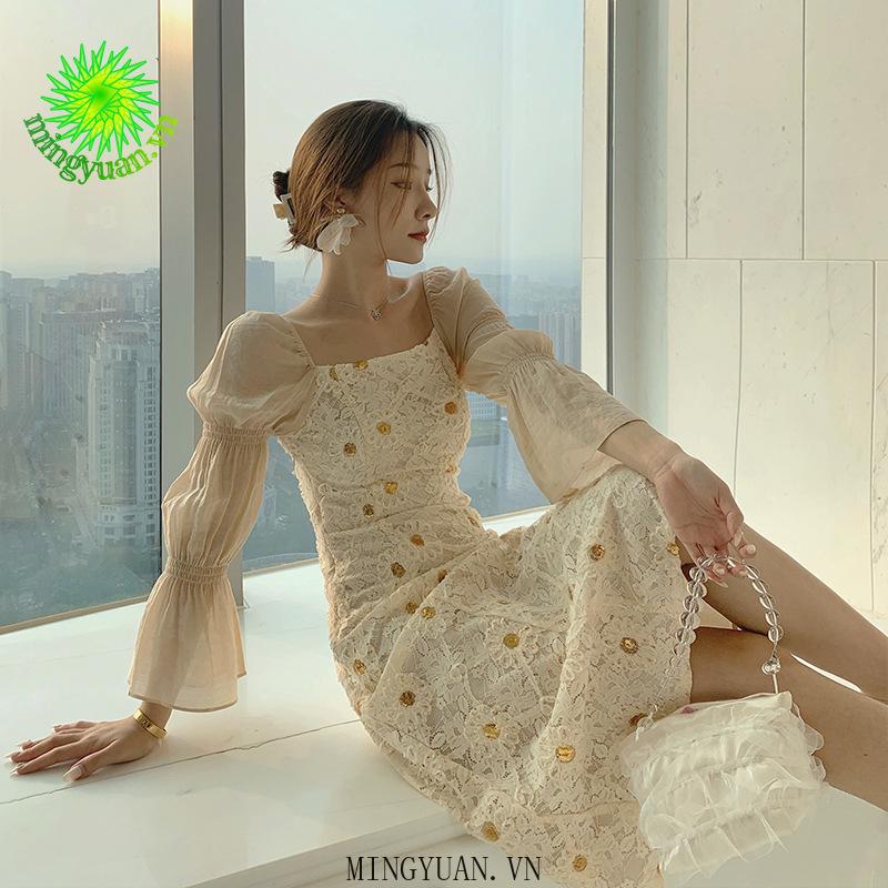 Đầm Nữ Dài Tay Ống Loe Xếp Ly Thời Trang