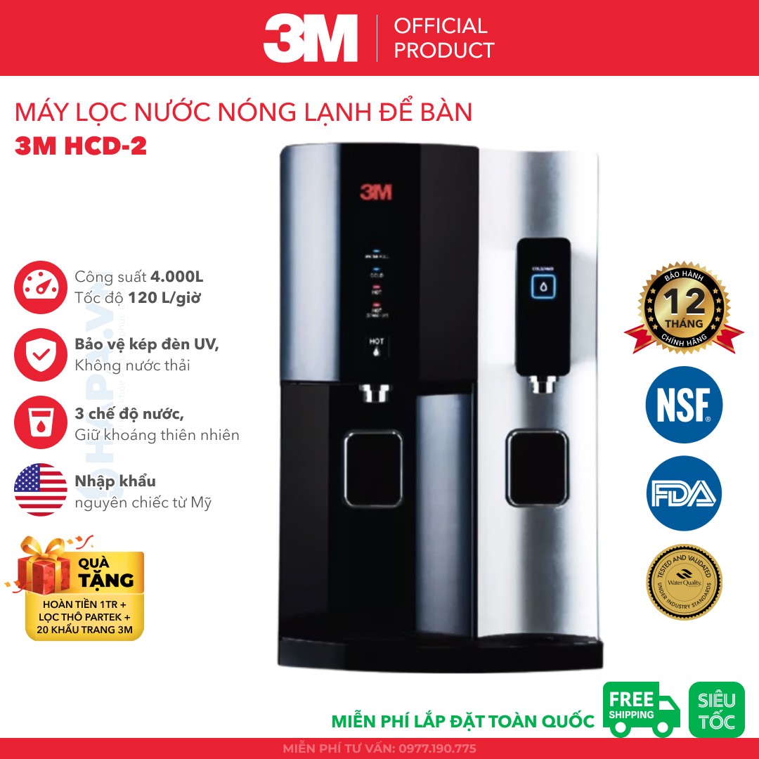 Máy Lọc Nước Nóng Lạnh Để Bàn 3M HCD-2 Cao Cấp, Công Nghệ Bảo Vệ Kép 3M Với Đèn UV, Nhập Khẩu Mỹ - Hàng Chính Hãng 3M