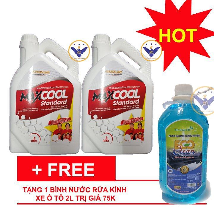 Bộ 2 can nước làm mát xe ô tô màu xanh Maxcool 4L tặng nước rửa kính 2L