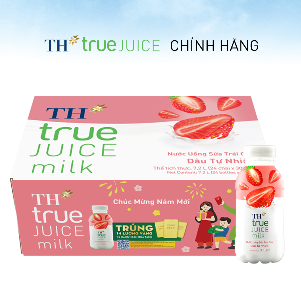 Thùng 24 chai nước uống sữa trái cây TH true JUICE milk dâu tự nhiên 300 ml (300 ml x 24)