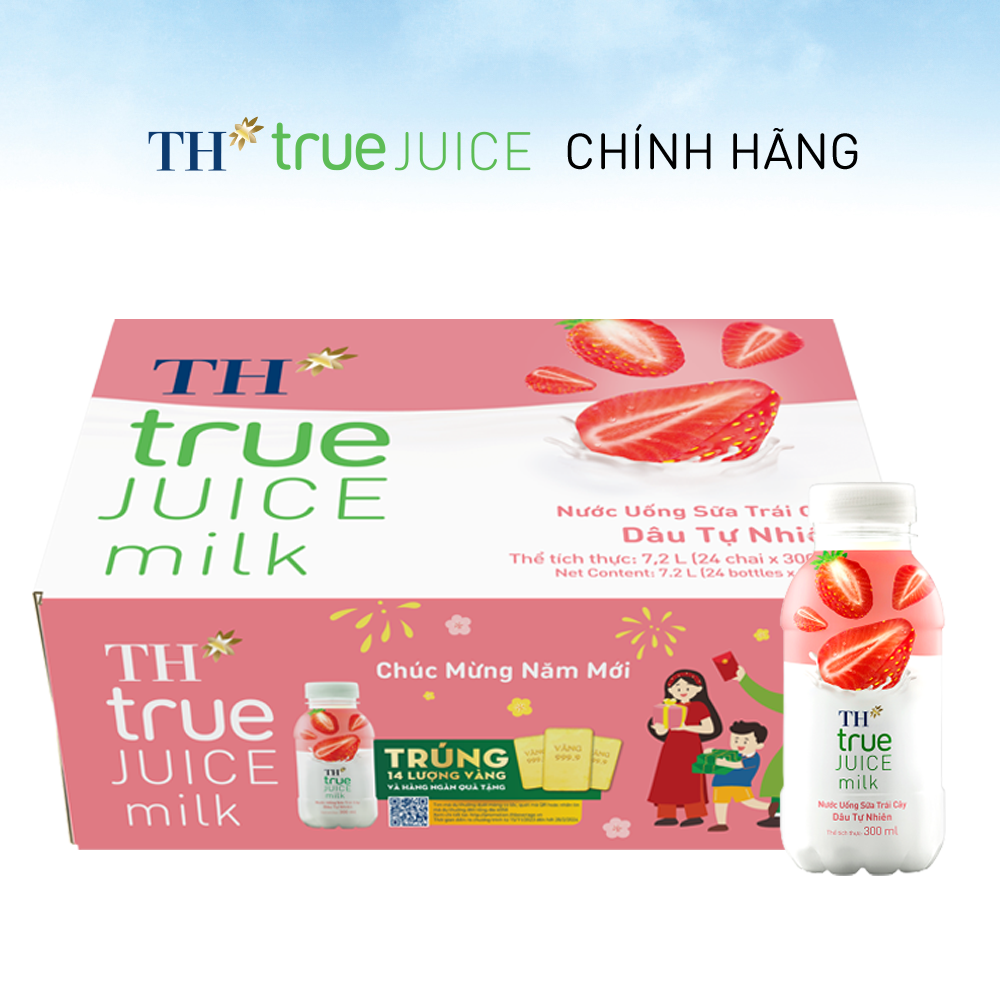 Thùng 24 chai nước uống sữa trái cây dâu tự nhiên TH True Juice Milk 300ml (300ml x 24)