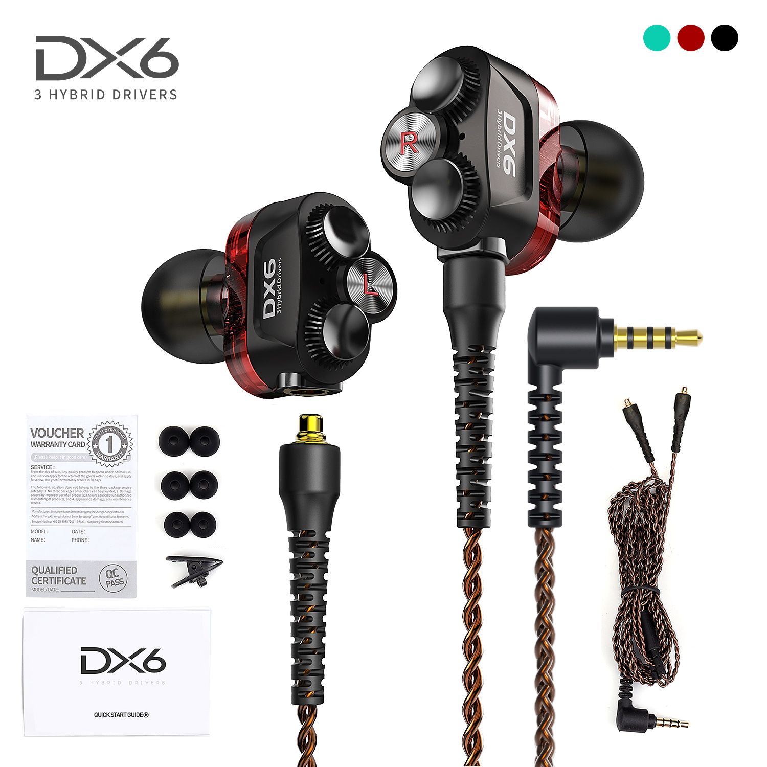 Tai nghe nhạc hay chơi game cao cấp Plextone DX6 âm thanh Hybrid 3 Driver Earphone Head hàng chính hãng jack 3.5mm, dây tín hiệu chống kéo, chông uốn, tai Phone sử dụng Socket MMCX có Module chuyển đổi thành tai nghe không dây hoặc Type C. - Hàng Chính Hãng