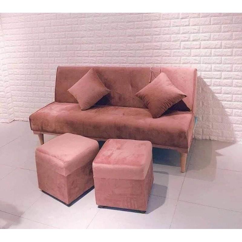 Bộ sofa băng màu hồng và 2 đôn