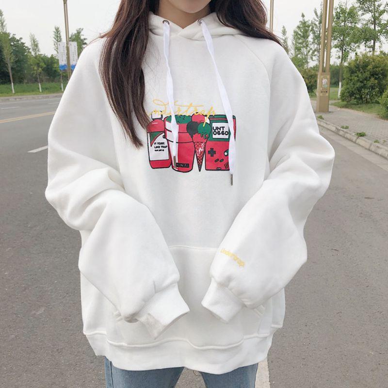 Áo hoodie dáng rộng in họa tiết hoạt hình đáng yêu cho nữ