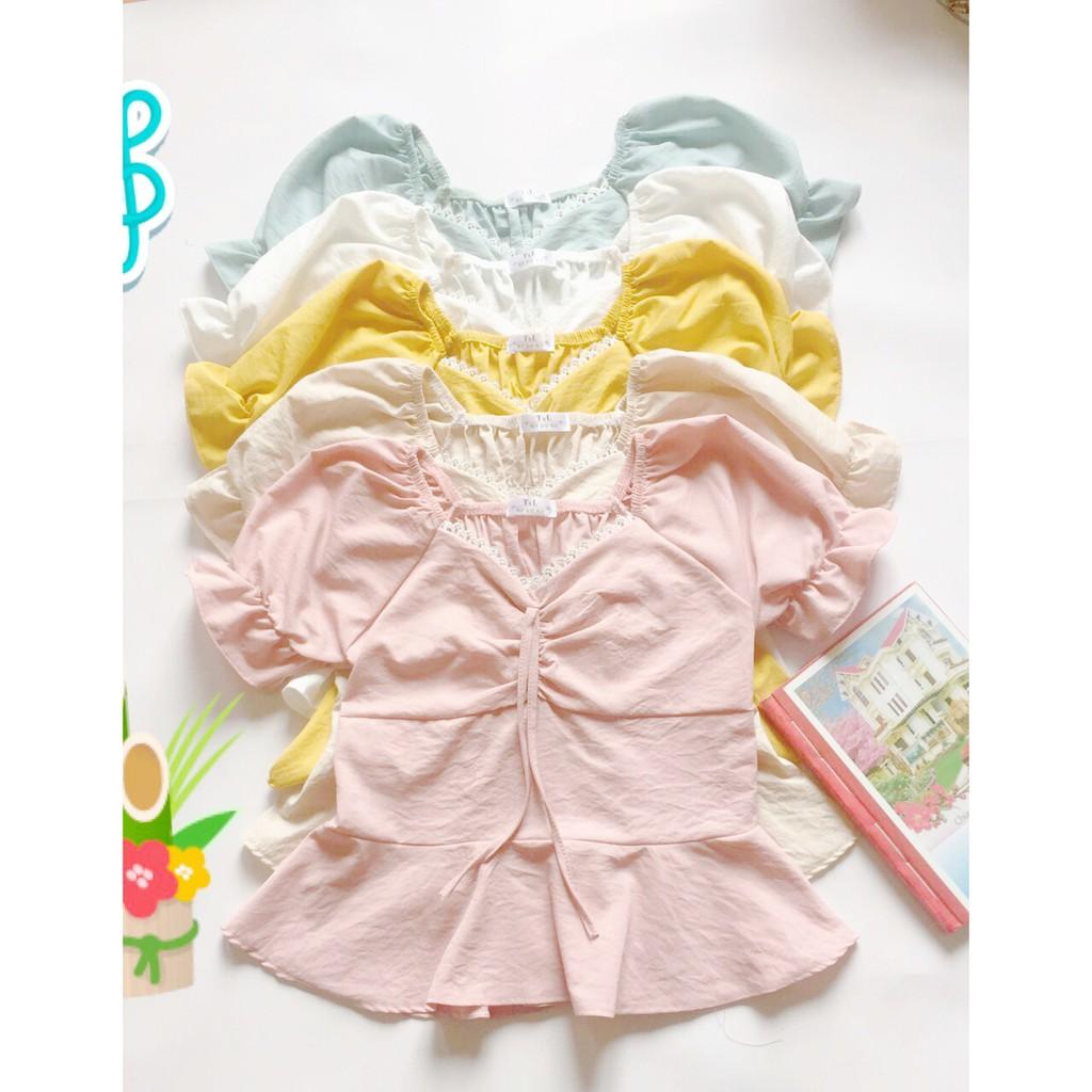 Áo Kiểu Body Chất Đũi Tay Ngắn- Thắt Nơ Bo Chun Lưng Siêu Xinh