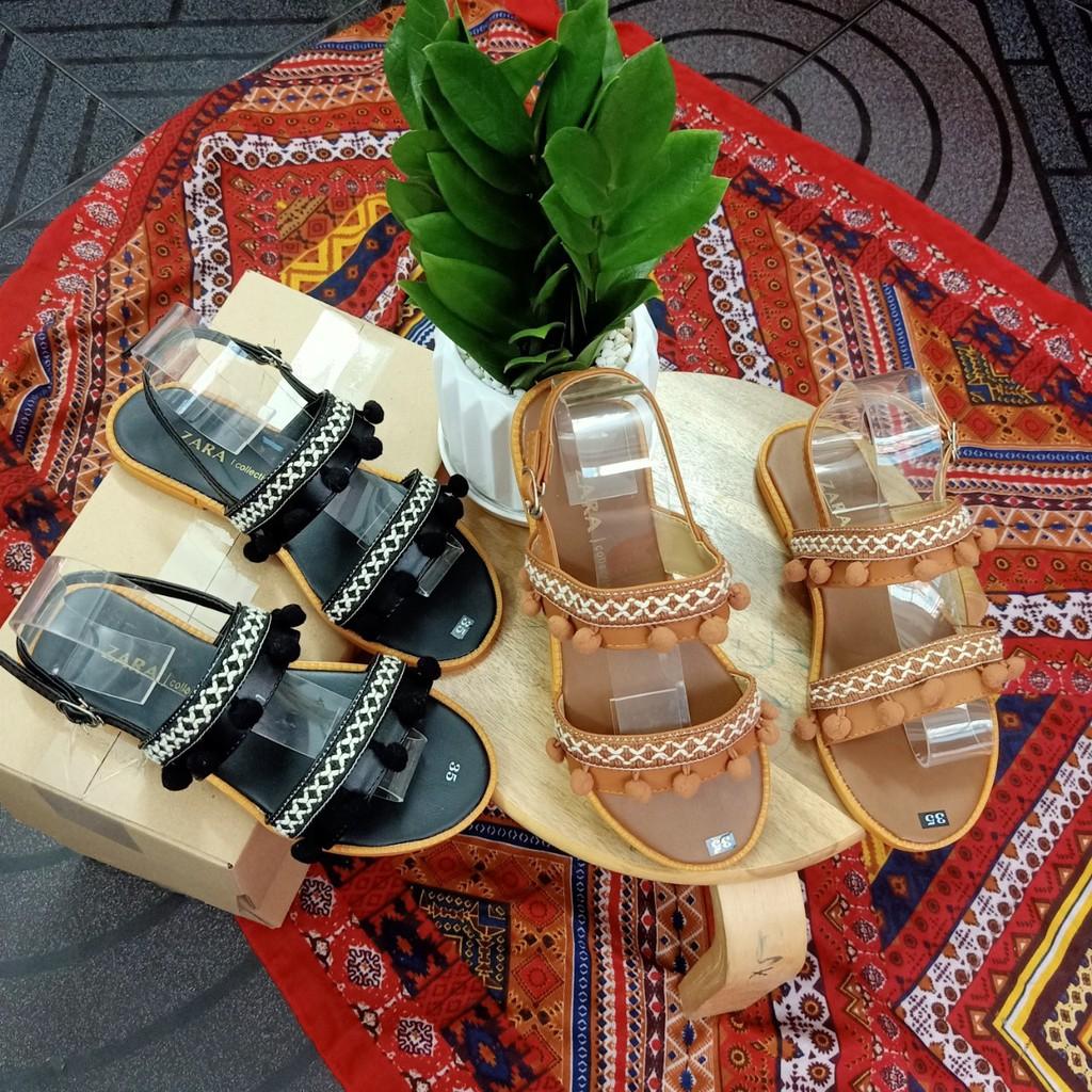 Giày sandal thổ cẩm 2 quai ngang phong cách boho hình chụp thật