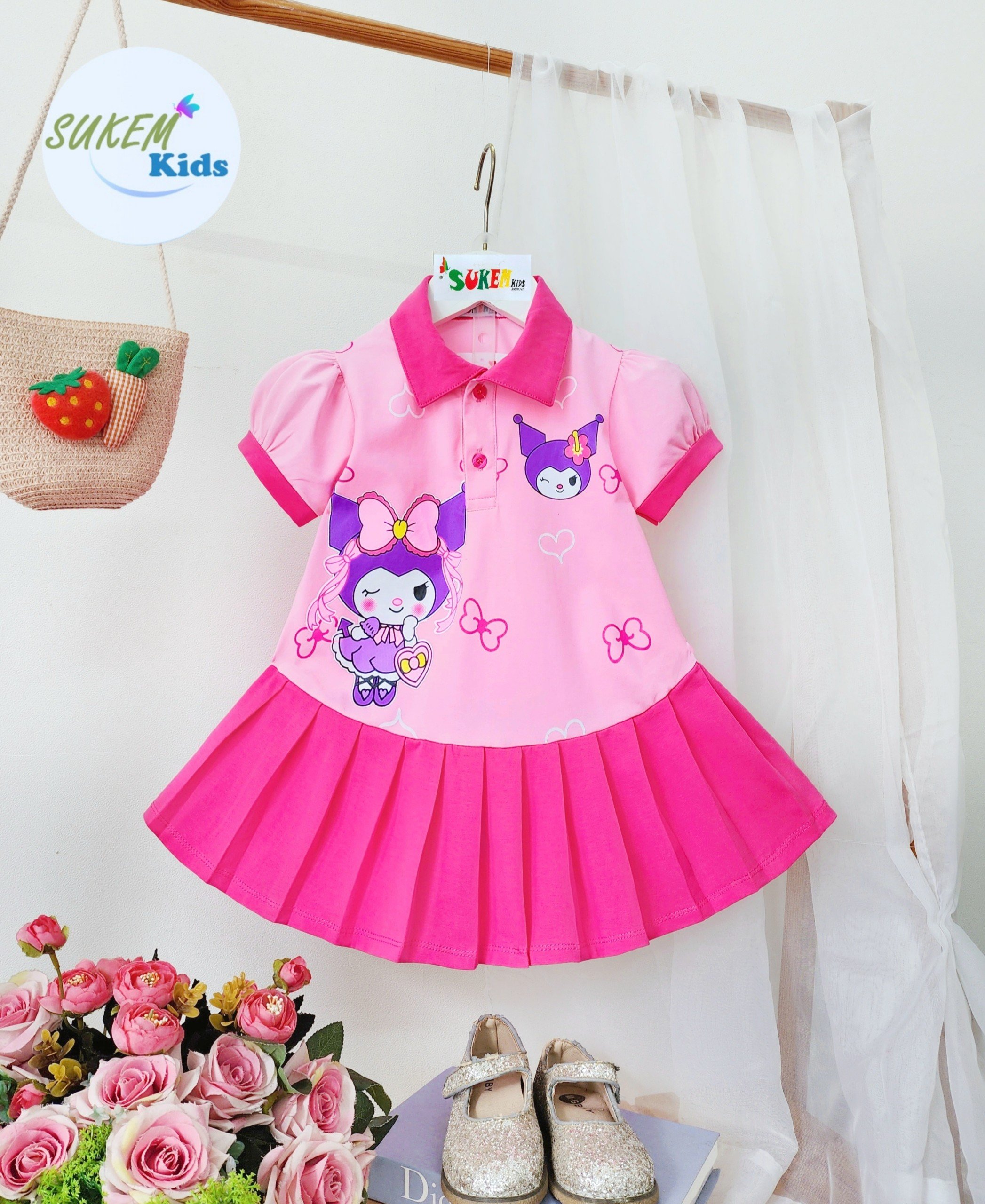 Đầm váy babydoll cho bé gái phong cách hàn quốc mẫu kuromi size 12-40kg chất cotton mềm mịn đẹp