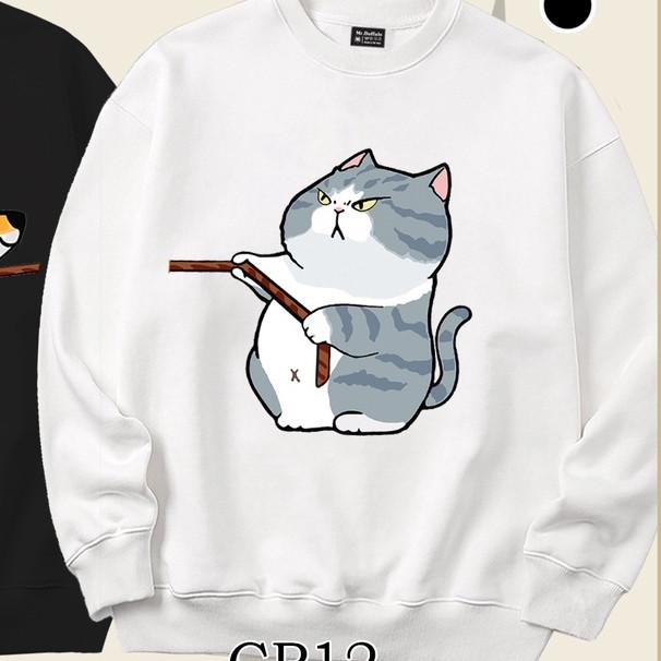 Áo sweater form rộng cặp đôi chó mèo dễ thương Mr.buffalo - Mèo - áo Trắng
