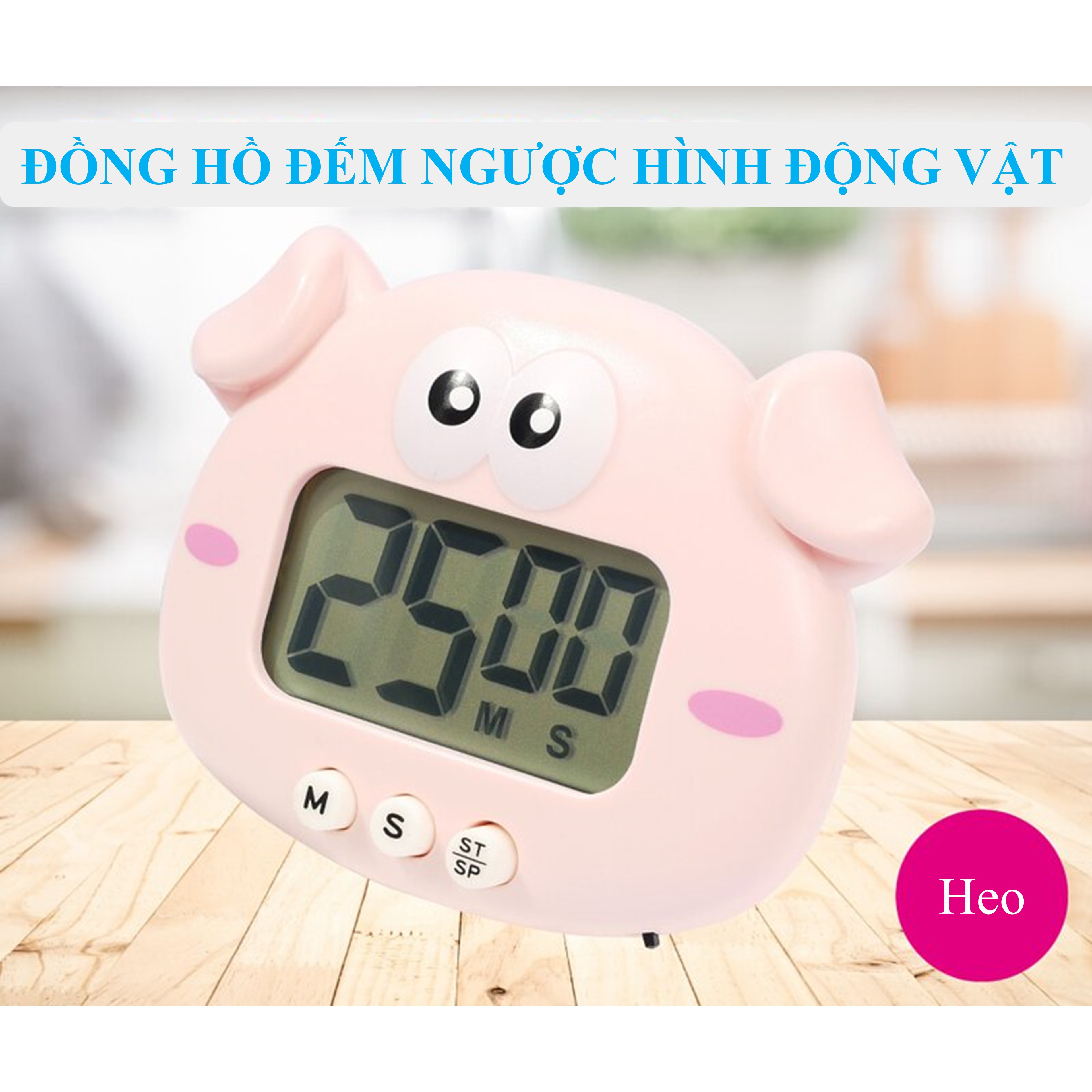 Đồng hồ đếm ngược để bàn, treo tường hình động vật dễ thương cho bé và người lớn - Đếm giờ chuẩn xác - Mẫu heo hồng