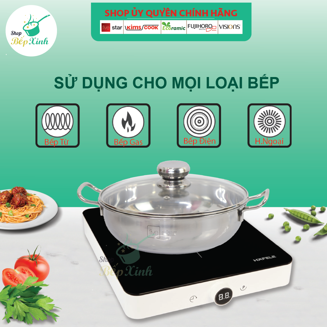 Nồi lẩu 3 đáy inox 430 Fivestar sử dụng bếp từ nắp kính tặng 2 vá canh