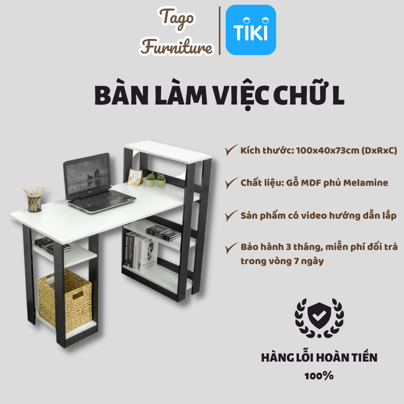 Bàn làm việc học thông minh bàn kèm kệ sách tại nhà cho học sinh, sinh viên giá rẻ từ gỗ MDF phủ Melamine TAGO01