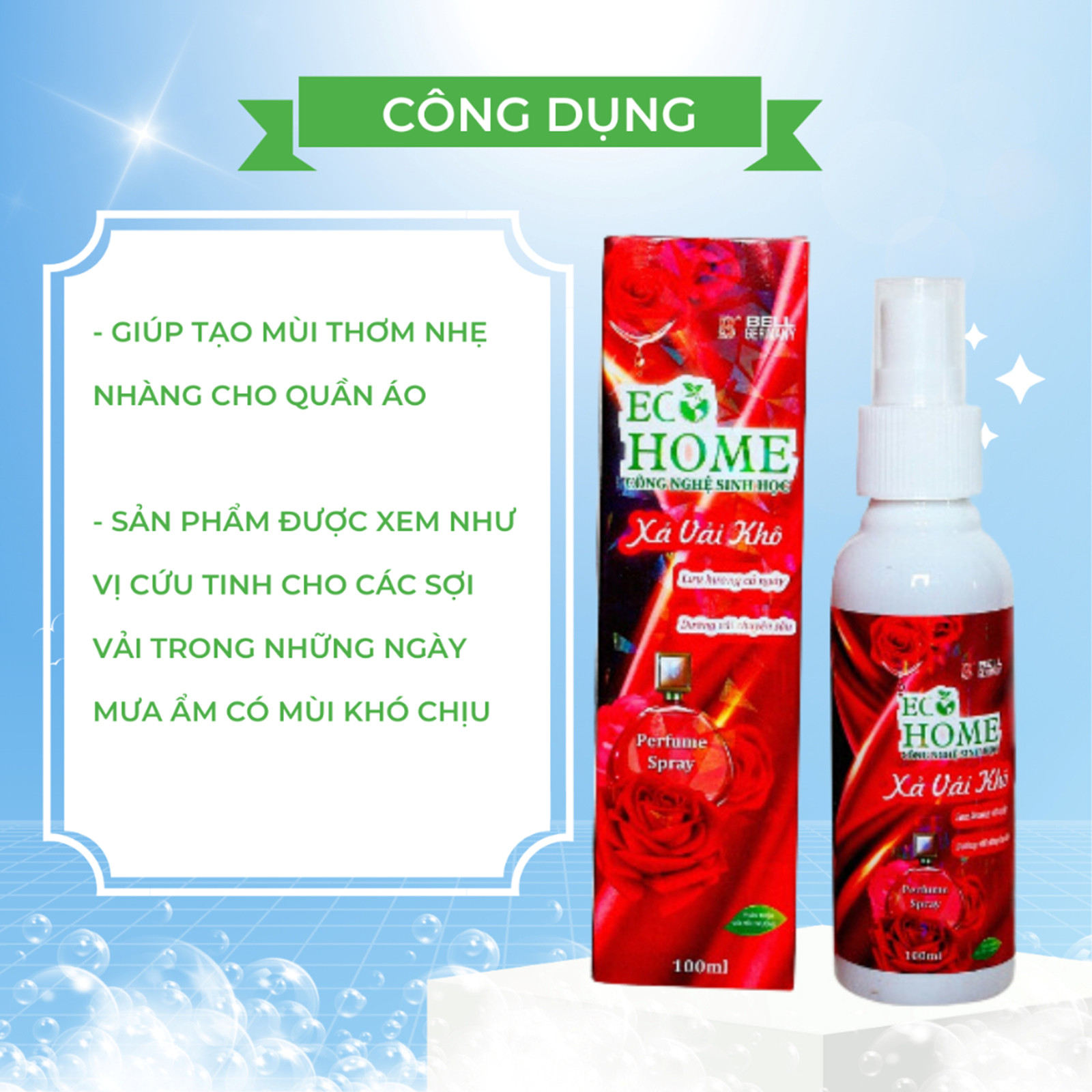 Xả Vải Khô Dạng Xịt Công Nghệ Sinh Học ECOHOME 100ml Hương Nước Hoa Vỏ Đỏ Làm Mềm Vải Khử Mùi Mồ Hôi, Lưu Hương Cả Ngày