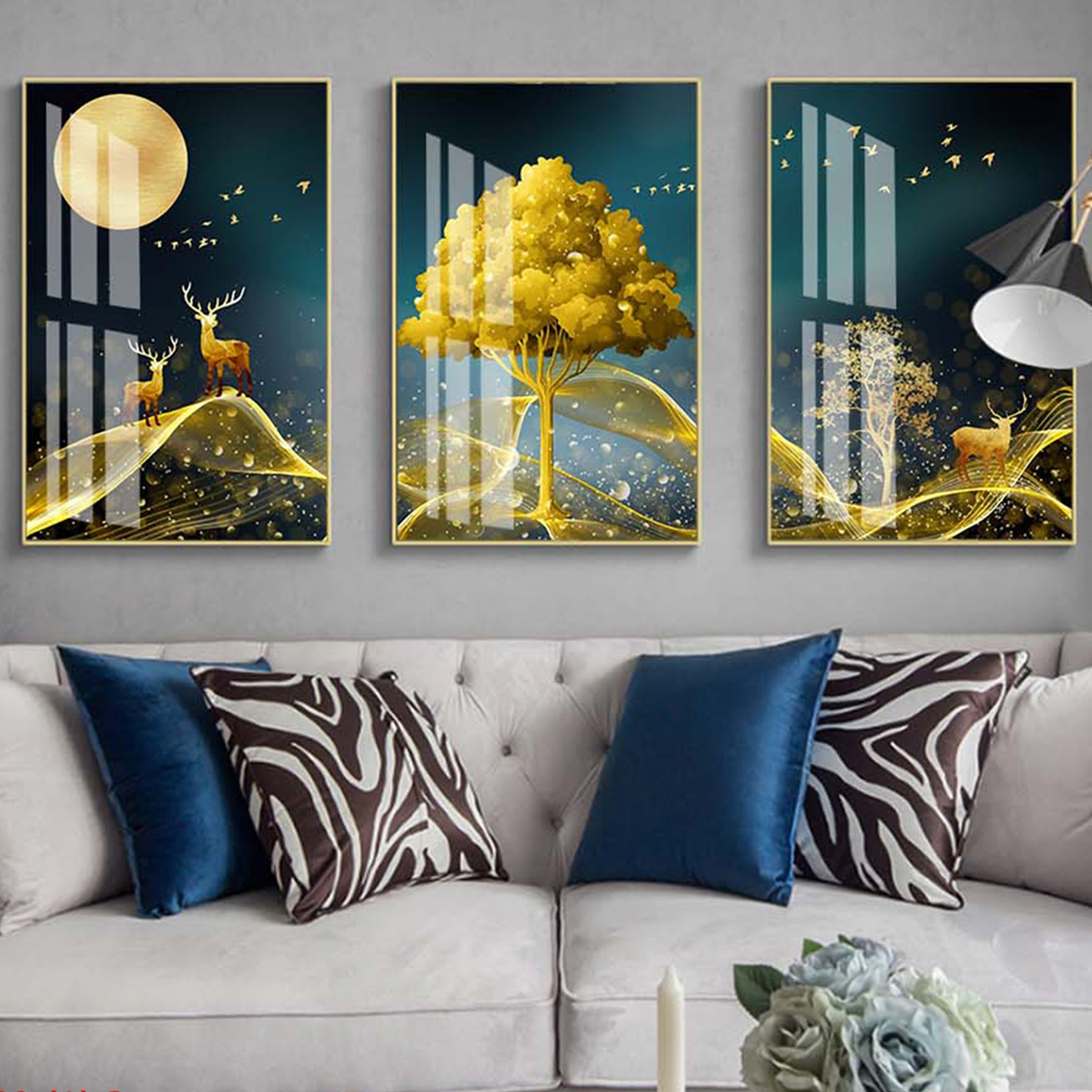 Tranh Canvas Treo Tường Hiện Đại _ Tranh Bộ 3 Hươu Và Phong Cảnh Nghệ Thuật