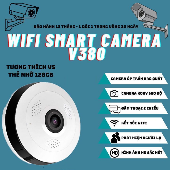 Camera Ốp Trần V380 Pro Gắn Trần Nhà Quay Toàn Cảnh 360 Độ Full HD Kết Nối WiFi Không Dây 1080P